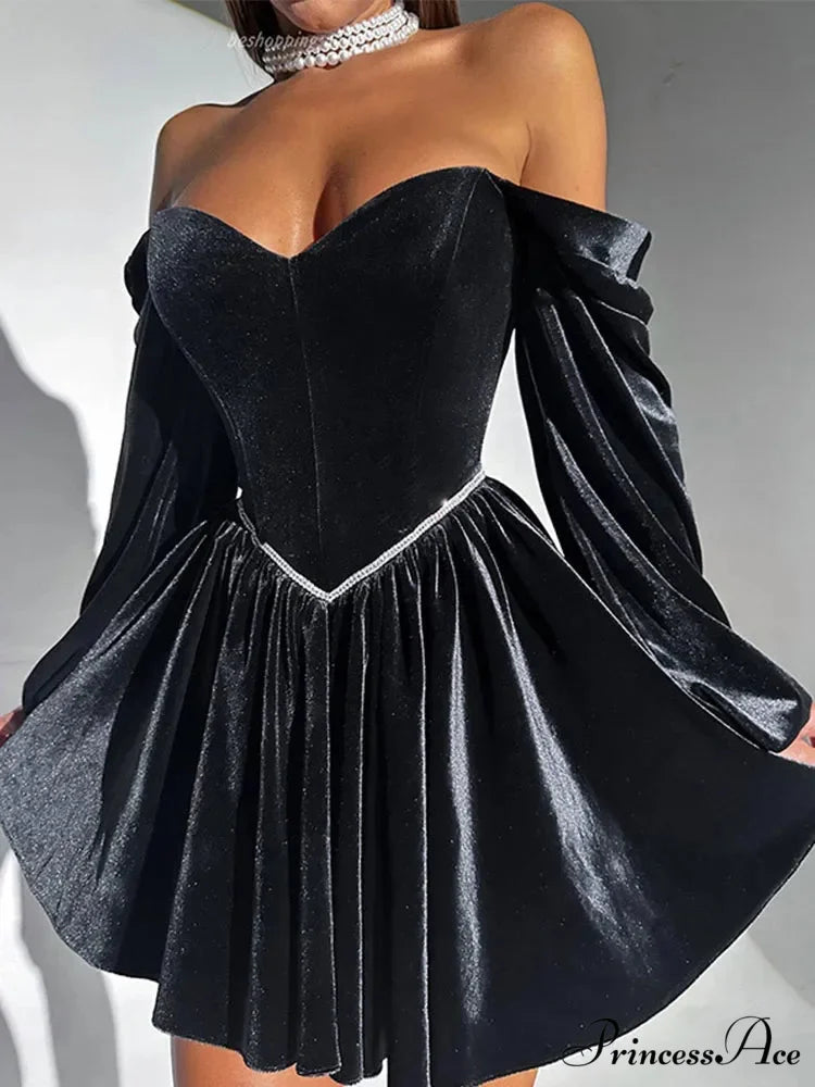 Velvet Strapless Off Shoulder Party Dress Black / S