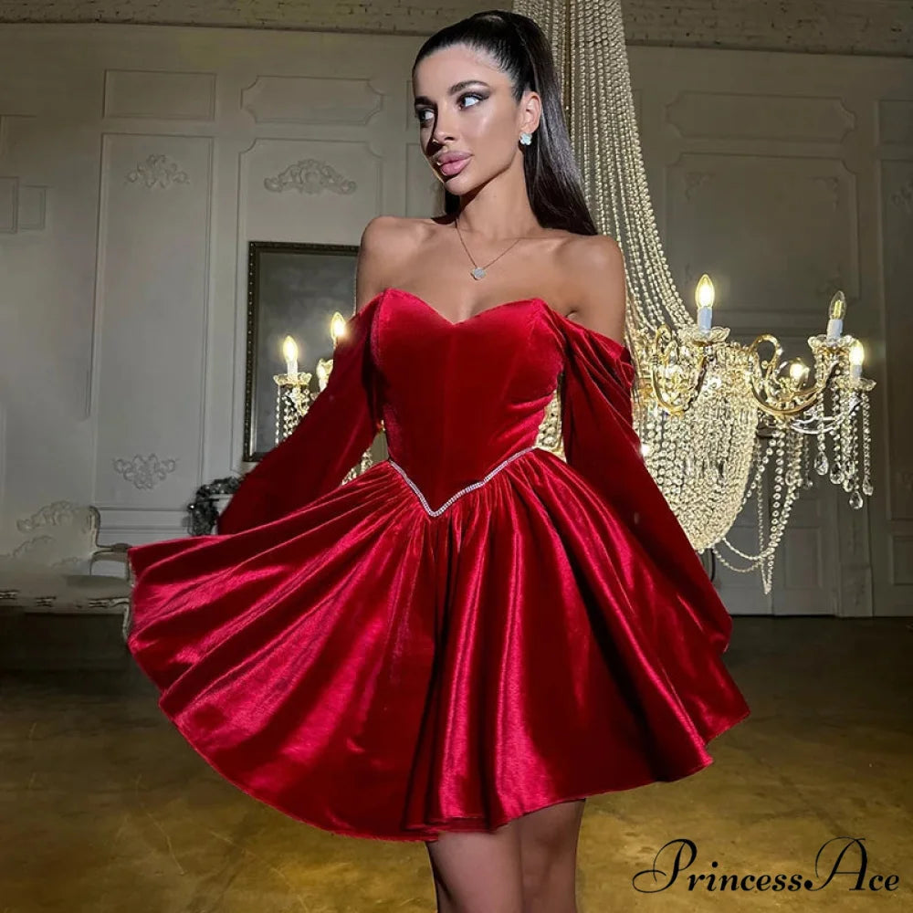 Velvet Strapless Off Shoulder Party Dress Red / S