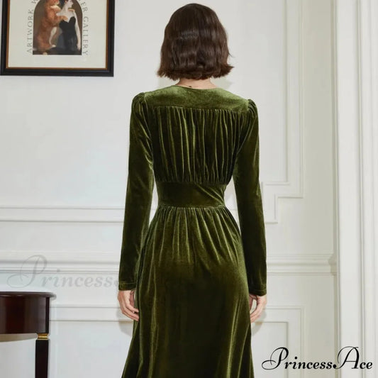Velvet V-Neck Dress Autumn/Winter High End French Vintage Slim Fit Christmas Party Dress