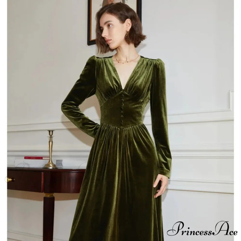 Velvet V-Neck Dress Autumn/Winter High End French Vintage Slim Fit Christmas Party Dress