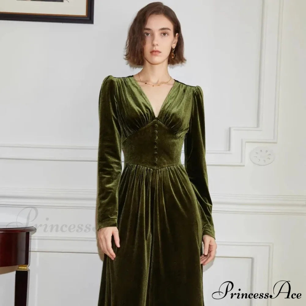 Velvet V-Neck Dress Autumn/Winter High End French Vintage Slim Fit Christmas Party Dress army green / S
