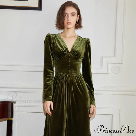 Velvet V-Neck Dress Autumn/Winter High End French Vintage Slim Fit Christmas Party Dress army green / S