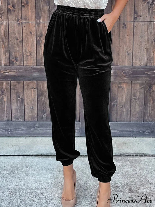 Velvet Velour Casual Green Loose Elastic Pants Black / S