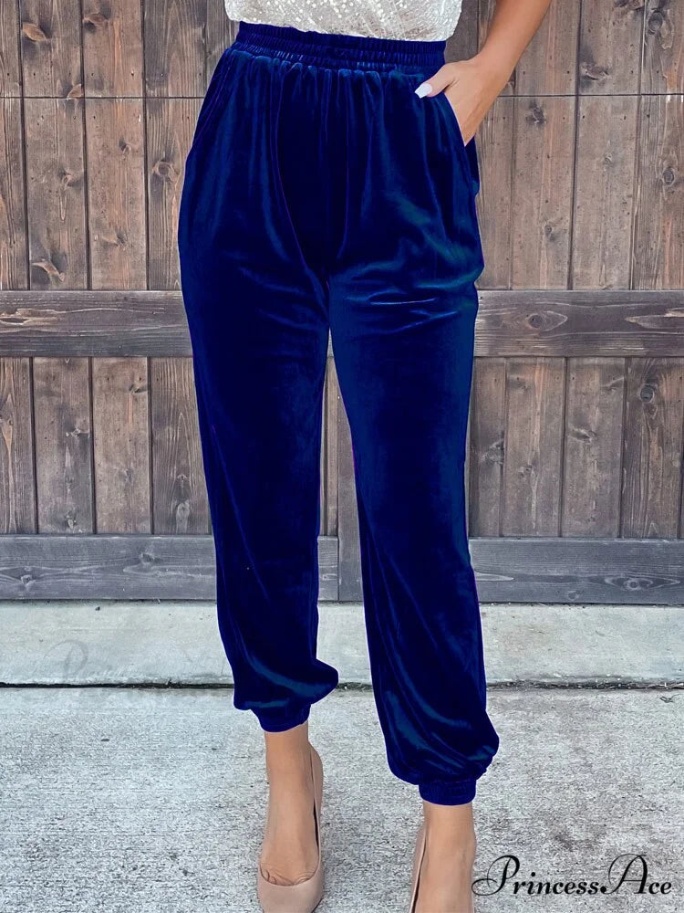 Velvet Velour Casual Green Loose Elastic Pants Blue / S