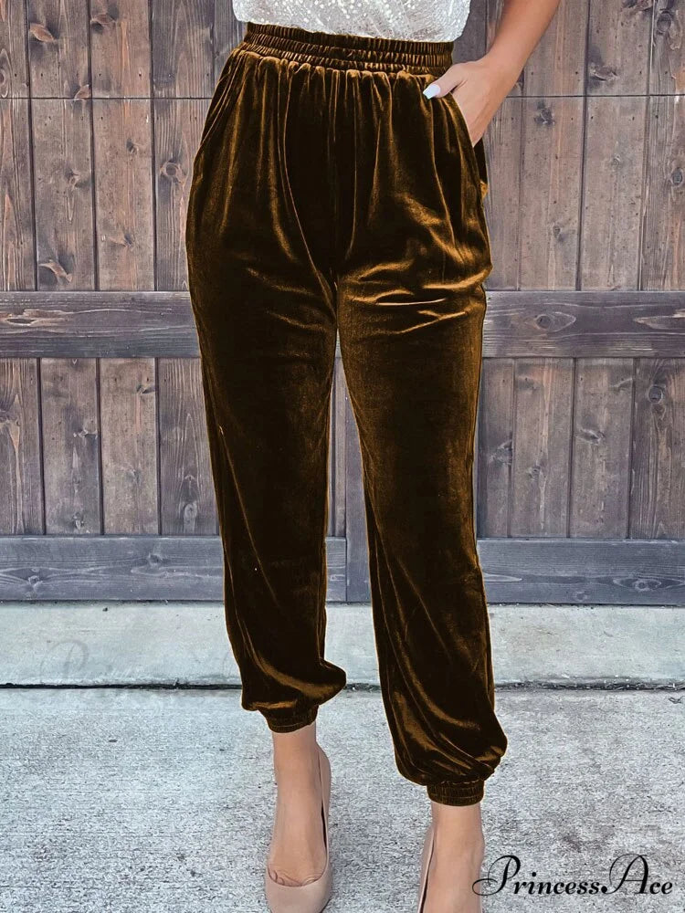Velvet Velour Casual Green Loose Elastic Pants Coffee / S