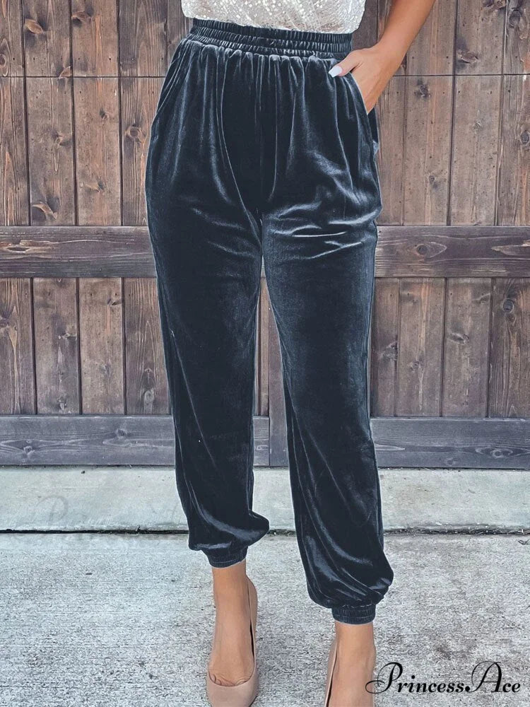 Velvet Velour Casual Green Loose Elastic Pants Dark Grey / S