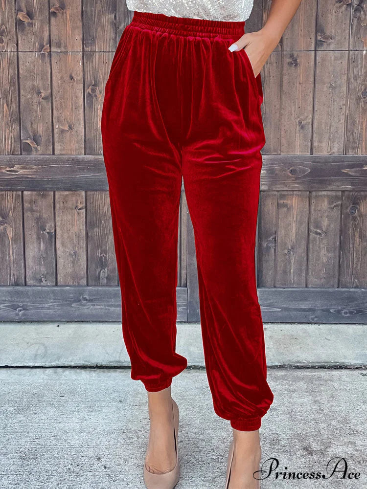 Velvet Velour Casual Green Loose Elastic Pants Red / S