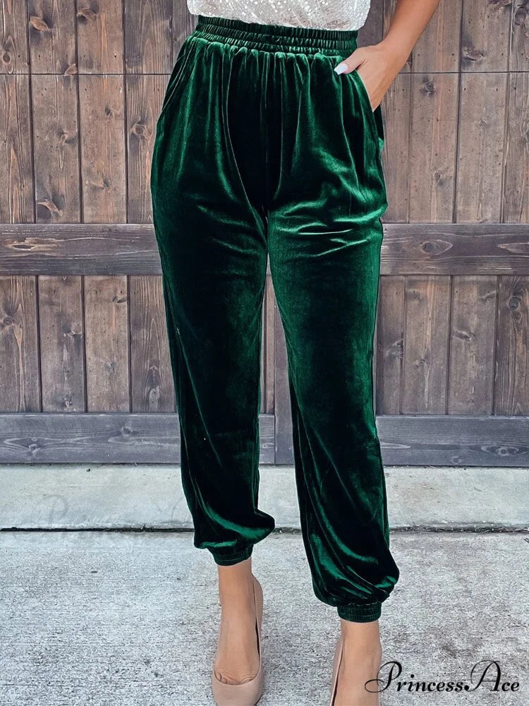 Velvet Velour Casual Green Loose Elastic Pants Green / S