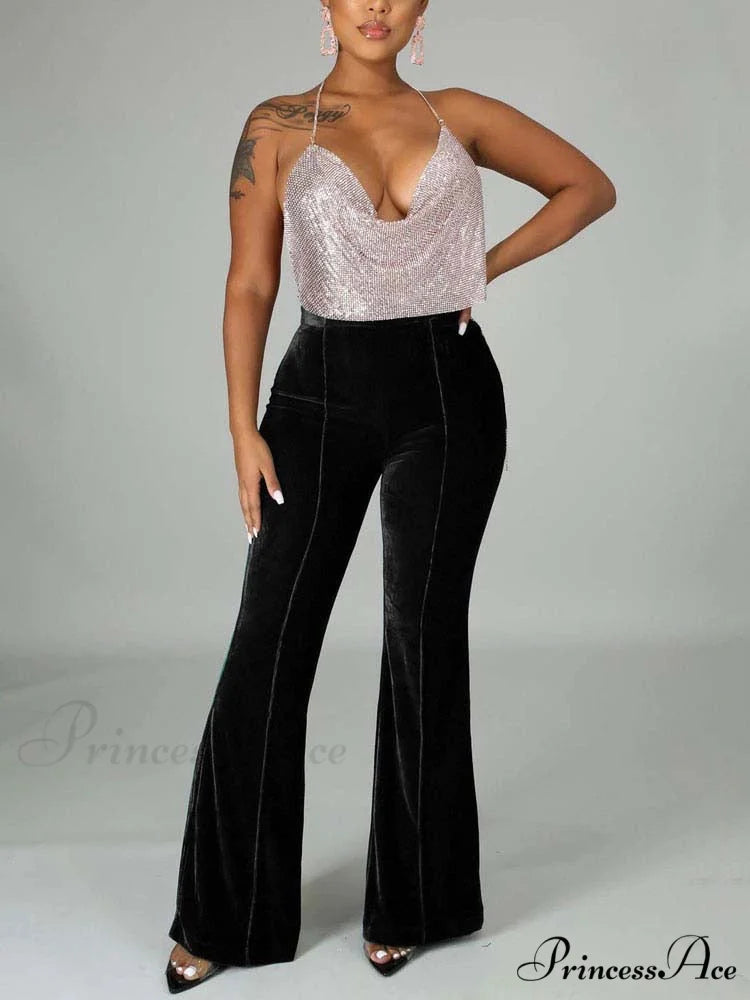 Velvet Velour Flared Bell Bottoms High Waist Pants