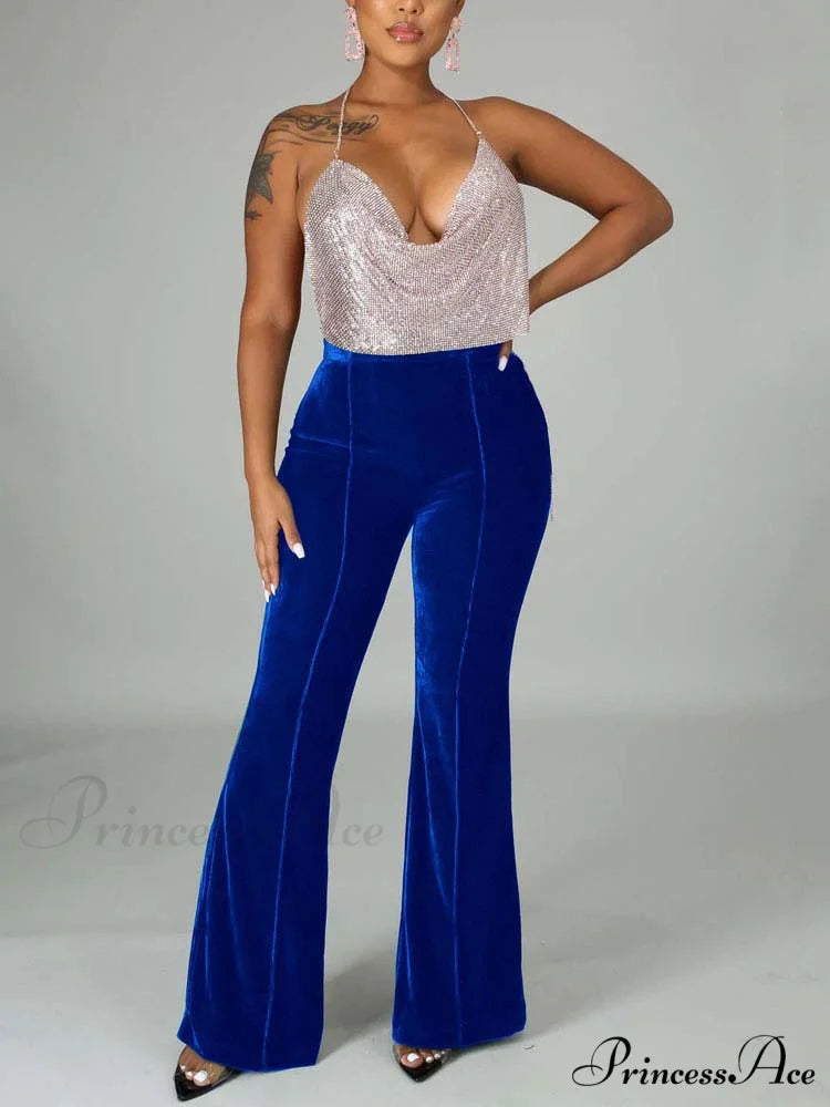 Velvet Velour Flared Bell Bottoms High Waist Pants