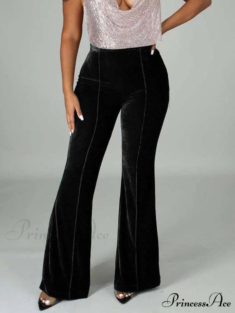 Velvet Velour Flared Bell Bottoms High Waist Pants Black / S