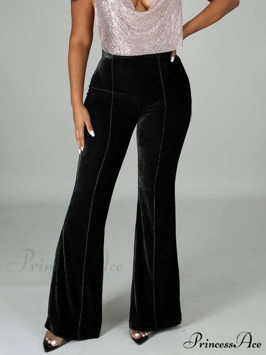 Velvet Velour Flared Bell Bottoms High Waist Pants Black / S