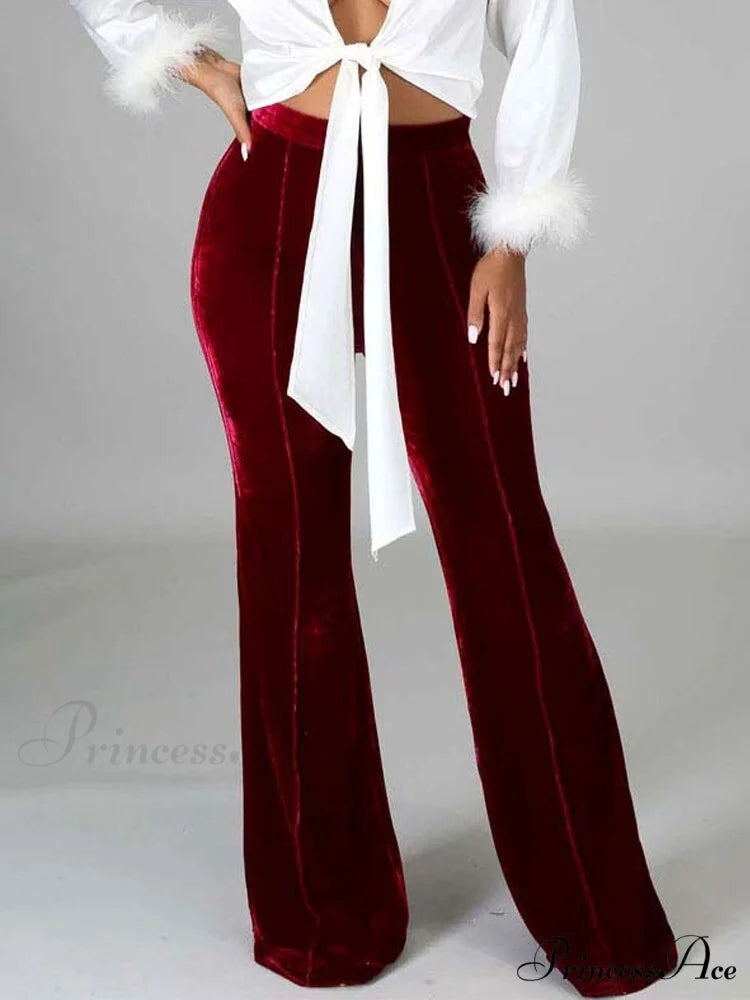 Velvet Velour Flared Bell Bottoms High Waist Pants Claret / S