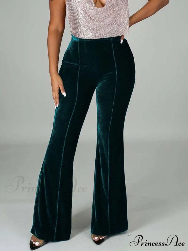 Velvet Velour Flared Bell Bottoms High Waist Pants Deep green / S