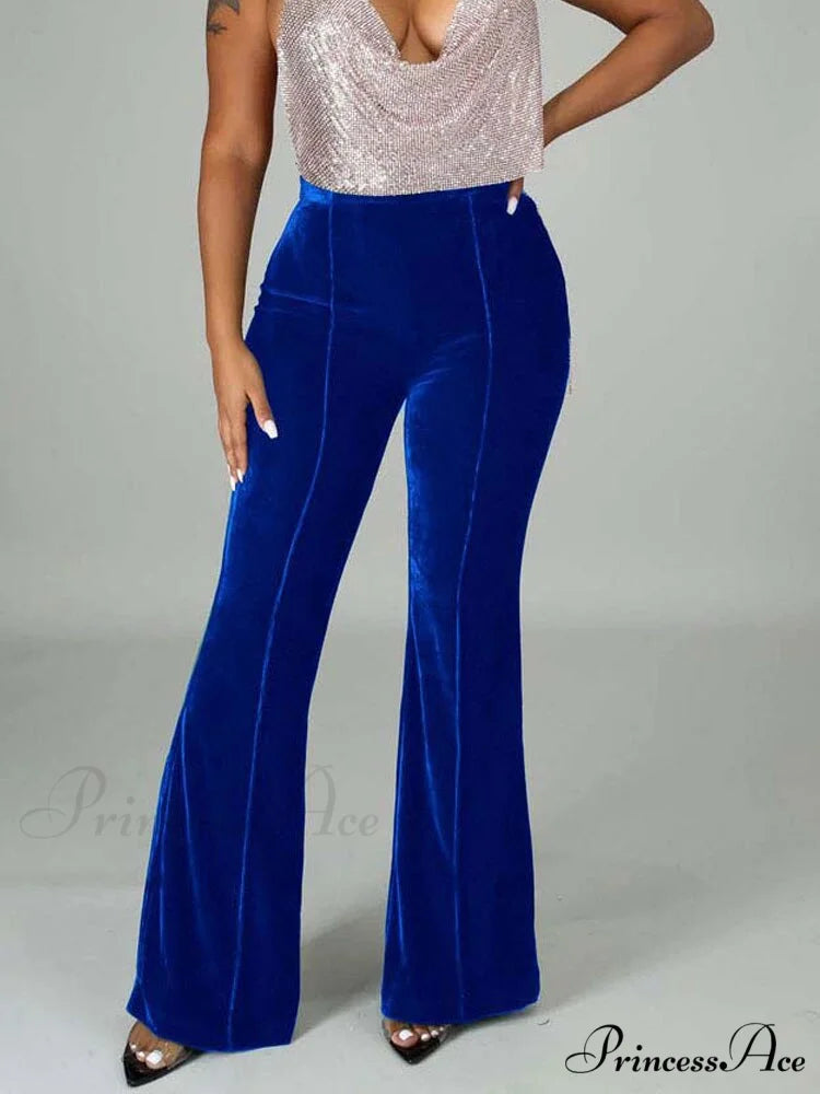 Velvet Velour Flared Bell Bottoms High Waist Pants Navy blue / S