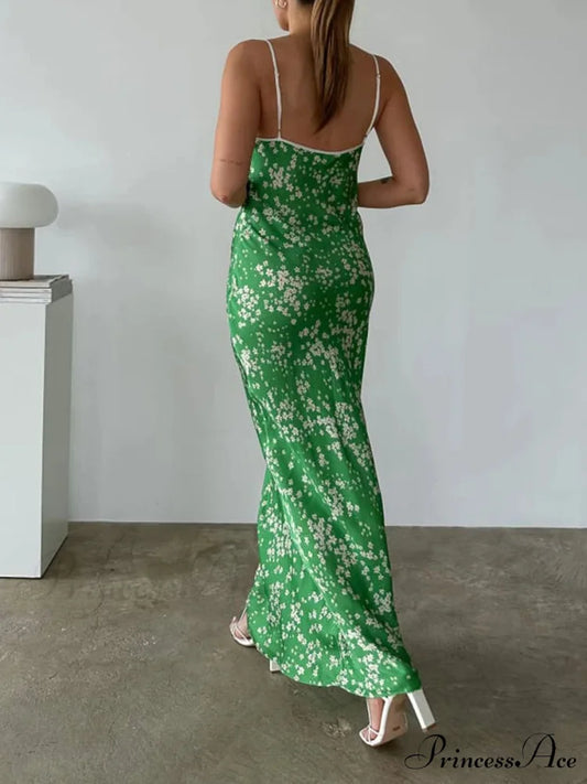 Verdant Blooms Pattern Seaside Relaxed Bohemian Open-Back Spaghetti Strap Dress floraldress-250126