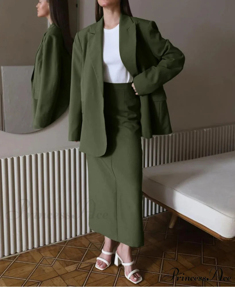 Verdant Extended Sleeve Jacket Skirt Workplace Two Piece Set Green / S officetwopieceset-250223