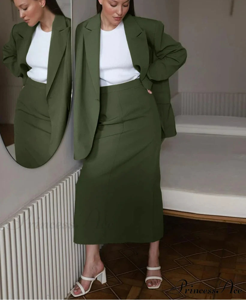 Verdant Extended Sleeve Jacket Skirt Workplace Two Piece Set officetwopieceset-250223