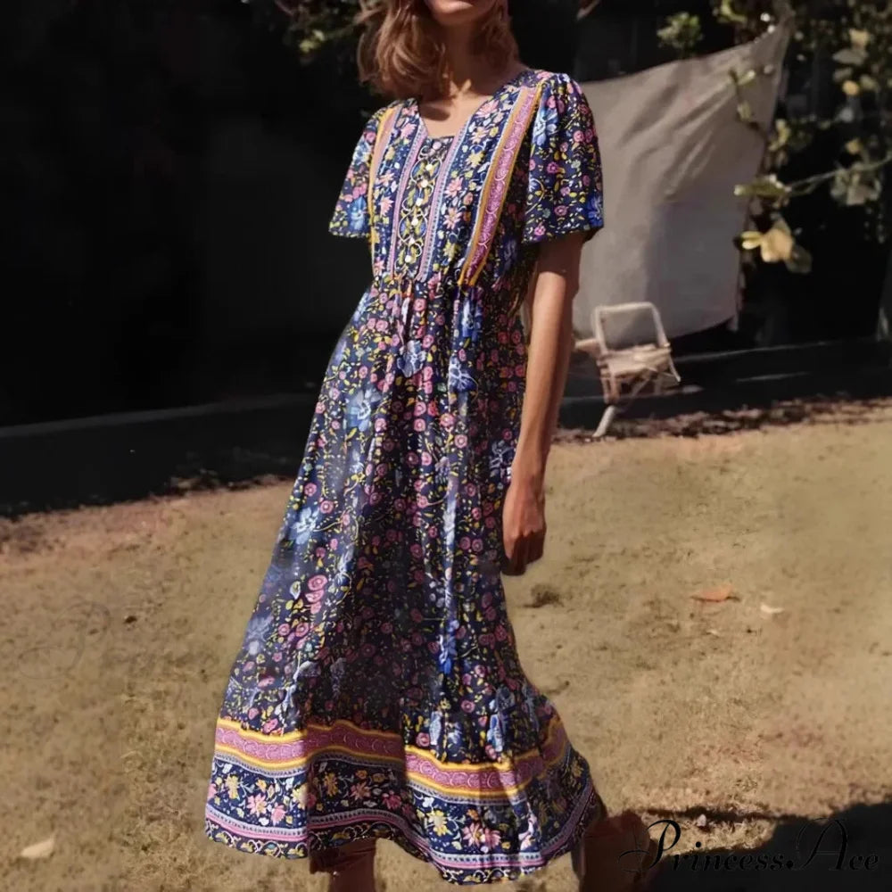 Verdant Flower Pattern Frills Sleeve Fringe V-neck Rayon Maxi Boho Dress navy / S bohodress-250126