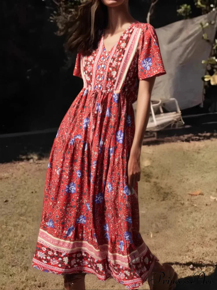 Verdant Flower Pattern Frills Sleeve Fringe V-neck Rayon Maxi Boho Dress Red / S bohodress-250126