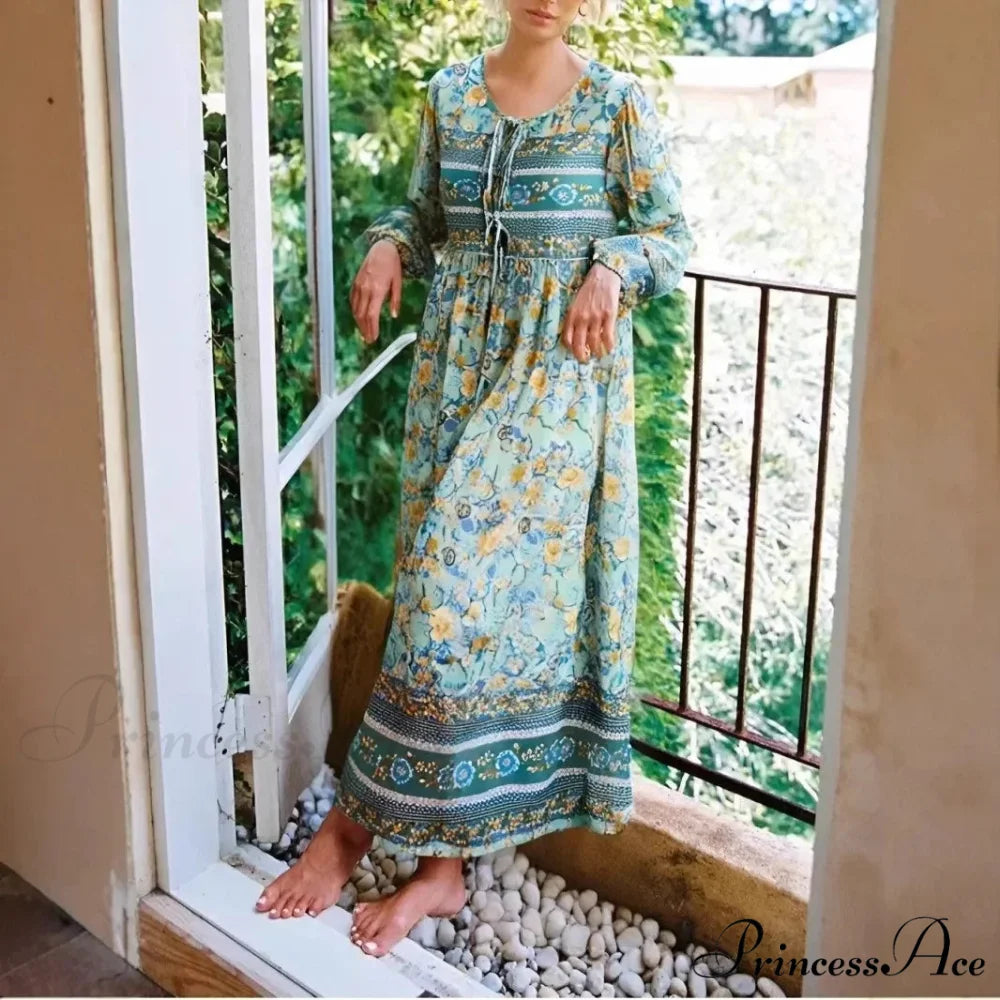 Verdant Flower Pattern Necktie Long Sleeve Rayon Summertime Maxi Bohemian Dress Green / S bohodress-250126