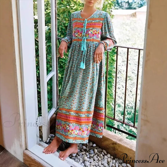 Verdant Flower Pattern Necktie Rayon Cotton Long Sleeve Ethnic Maxi Boho Dress Green / S bohodress-250126