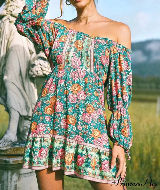 Verdant Flower Pattern Off-the-Shoulder Lengthy Sleeve Getaway Mini Bohemian Sun Dress Green / S bohodress-250126