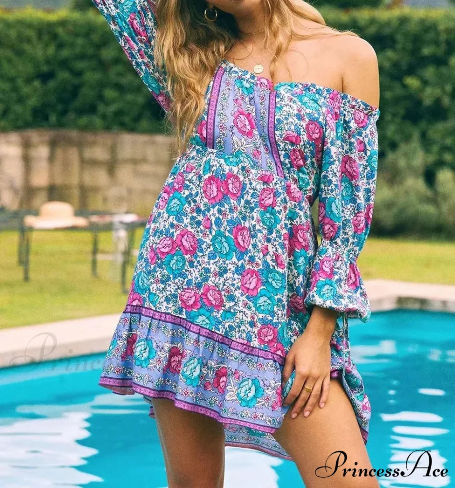 Verdant Flower Pattern Off-the-Shoulder Lengthy Sleeve Getaway Mini Bohemian Sun Dress Purple / S bohodress-250126
