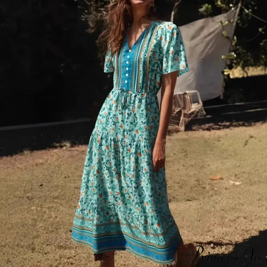 Verdant Flowery Frills Sleeve Bohemian Dress Green / S bohodress-250126