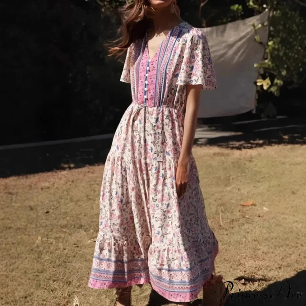 Verdant Flowery Frills Sleeve Bohemian Dress Pink / S bohodress-250126