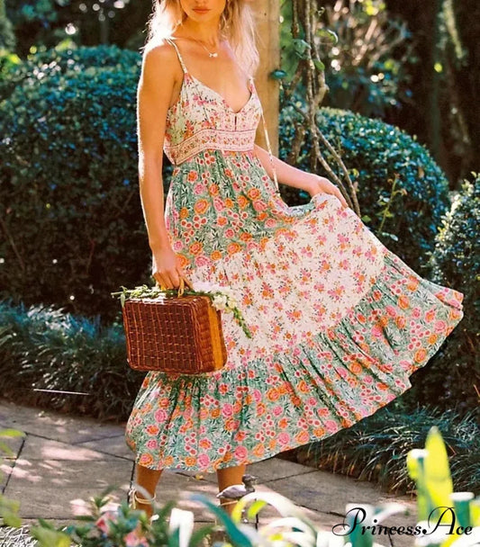 Verdant Flowery Sleeveless Rayon Long Bohemian Dress bohodress-250126