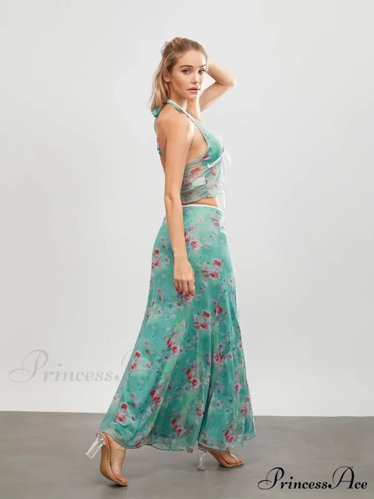Verdant Flowery Sleeveless Tie-up Halter Backless Long Floral Dress floraldress-250126