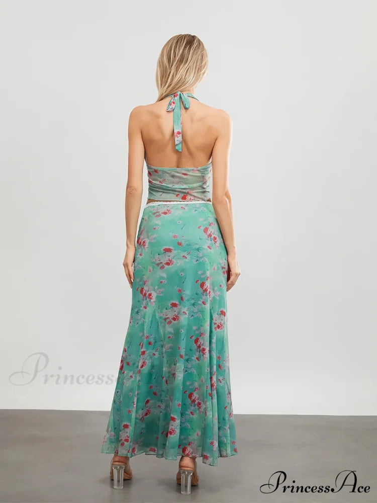 Verdant Flowery Sleeveless Tie-up Halter Backless Long Floral Dress floraldress-250126