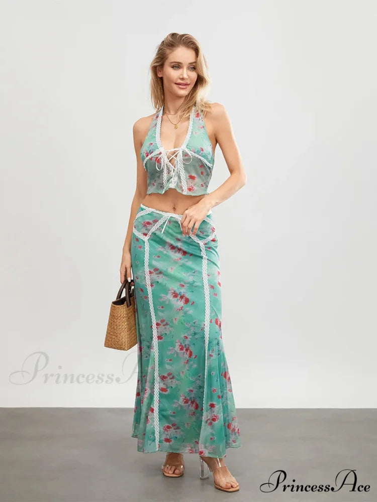 Verdant Flowery Sleeveless Tie-up Halter Backless Long Floral Dress Green / S floraldress-250126