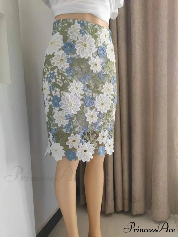 Verdant Lace Pencil Skirt Knee Length Bi-material Skirt skirt-250126