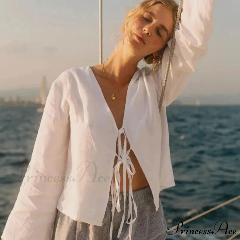 Verdant Linen Tie-Up Extended Sleeve V-neck Blouse blouse-250126