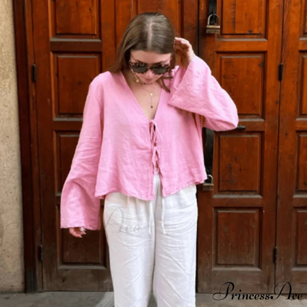 Verdant Linen Tie-Up Extended Sleeve V-neck Blouse Pink / S blouse-250126