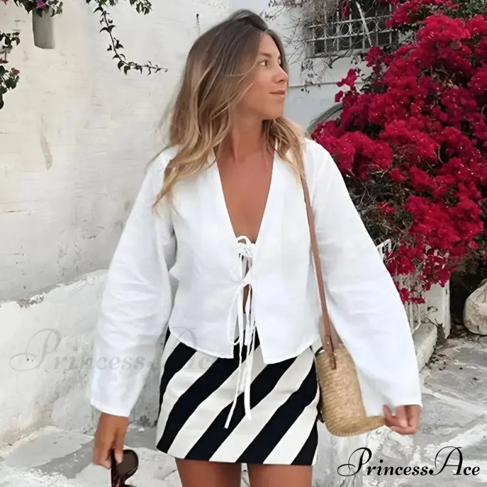 Verdant Linen Tie-Up Extended Sleeve V-neck Blouse White / S blouse-250126