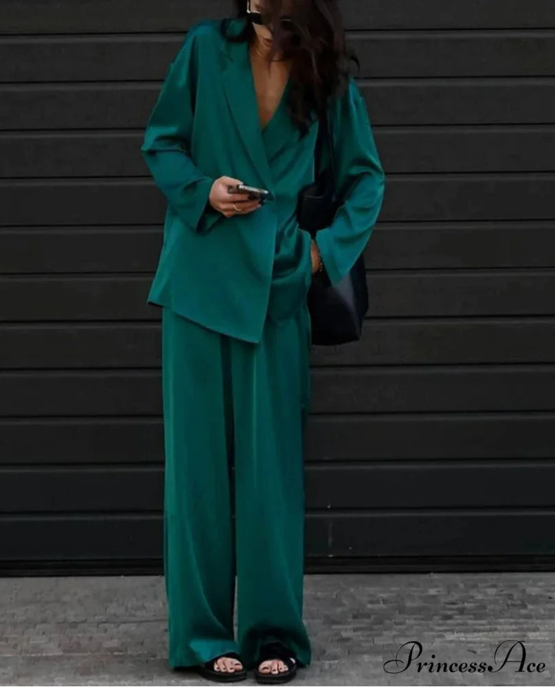 Verdant Silk Elevated Waist Pants Workplace Duo Ensemble Green / S officetwopieceset-250223