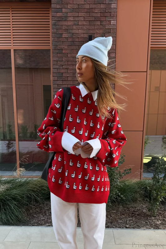 Versatile Color Block Jacquard Red Knitted Blouse