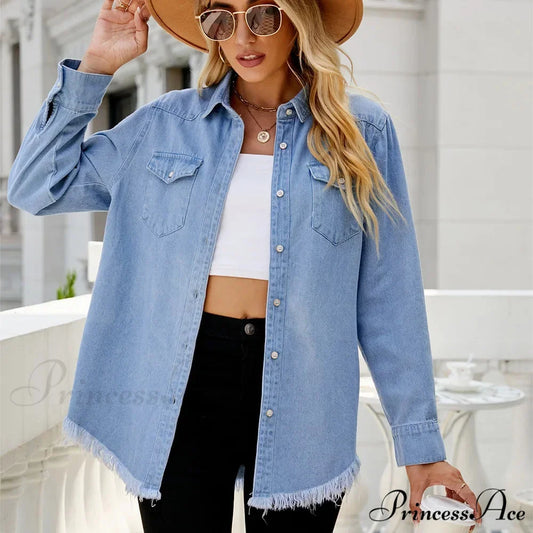Versatile Denim Fringe Shirt European American Cross-border Best Seller Jacket Blue / S