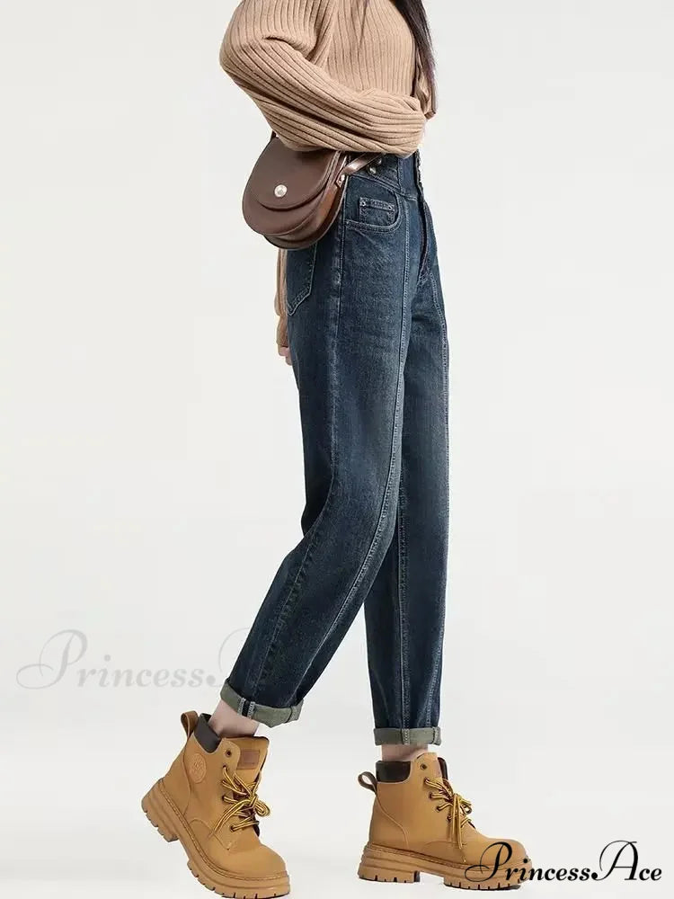 Versatile Light Color Thickened New Long Straight Art Natural Waist Fashion Jean deep blue / S