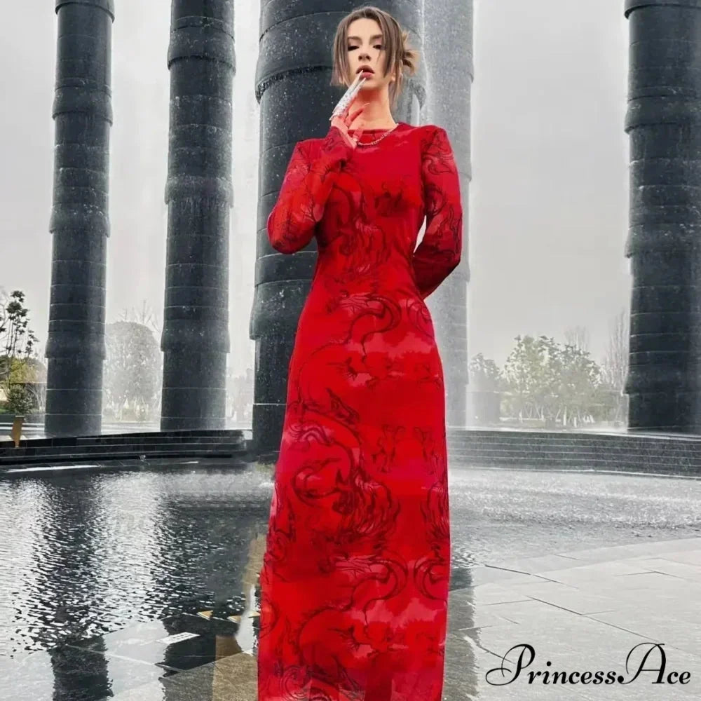 Versatile Limited Printed Screen Dress Women’s Fashion Style Year Loong Christmas Party Dress