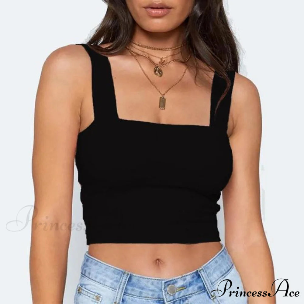 Vest Off Shoulder Knitted Candy Colors Crop Tops Black2 / XS