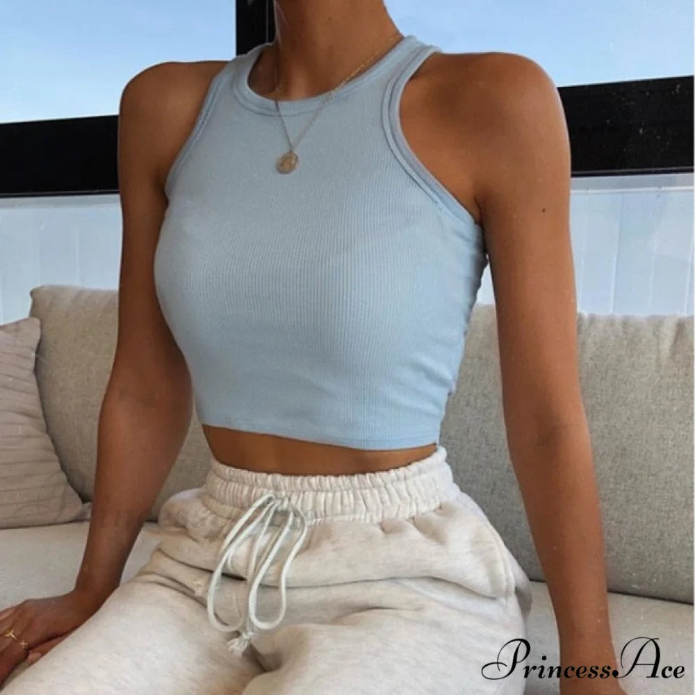 Vest Off Shoulder Knitted Candy Colors Crop Tops Blue / XS