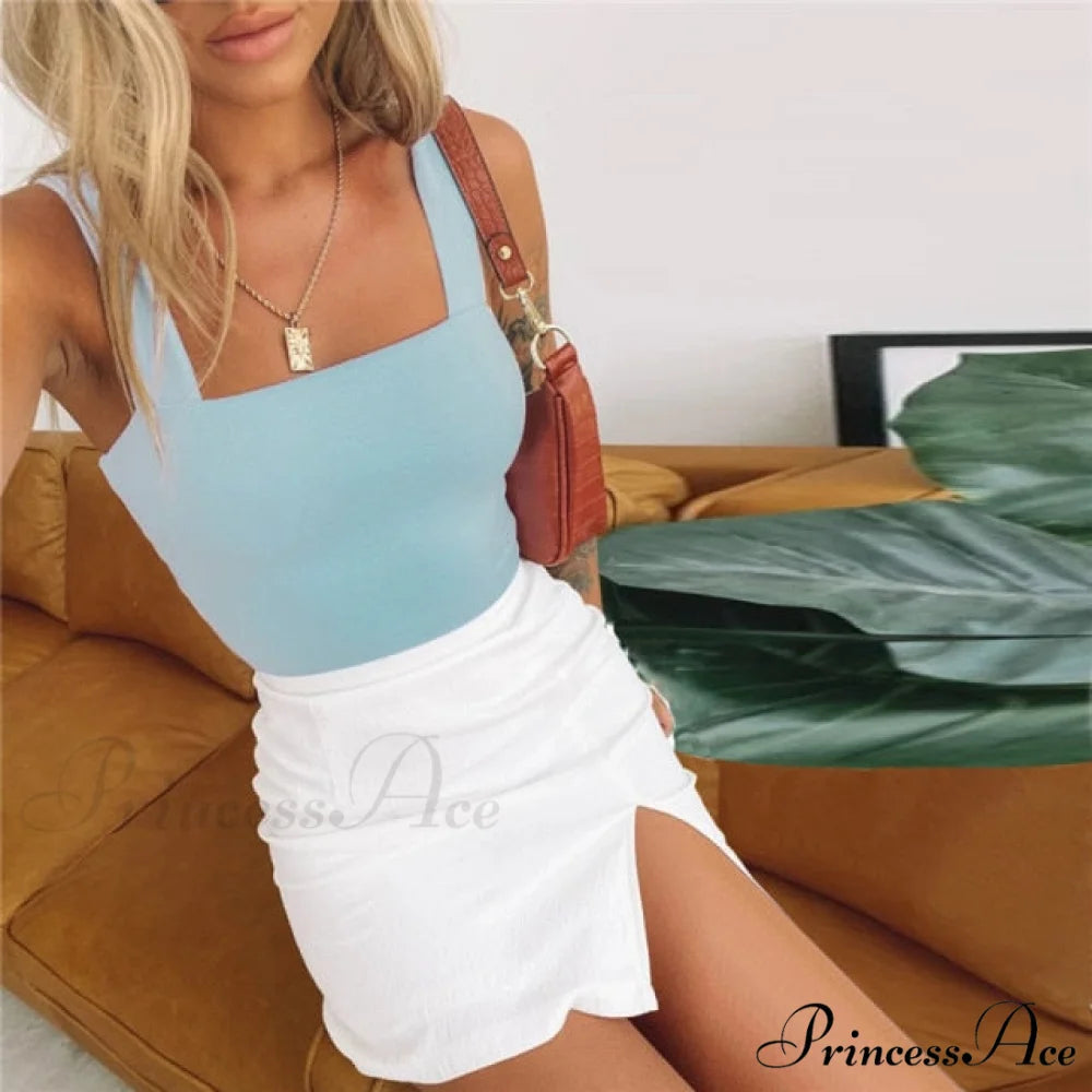 Vest Off Shoulder Knitted Candy Colors Crop Tops Blue2 / XS