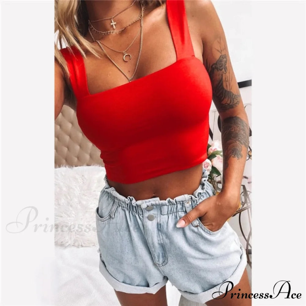 Vest Off Shoulder Knitted Candy Colors Crop Tops Red / XS