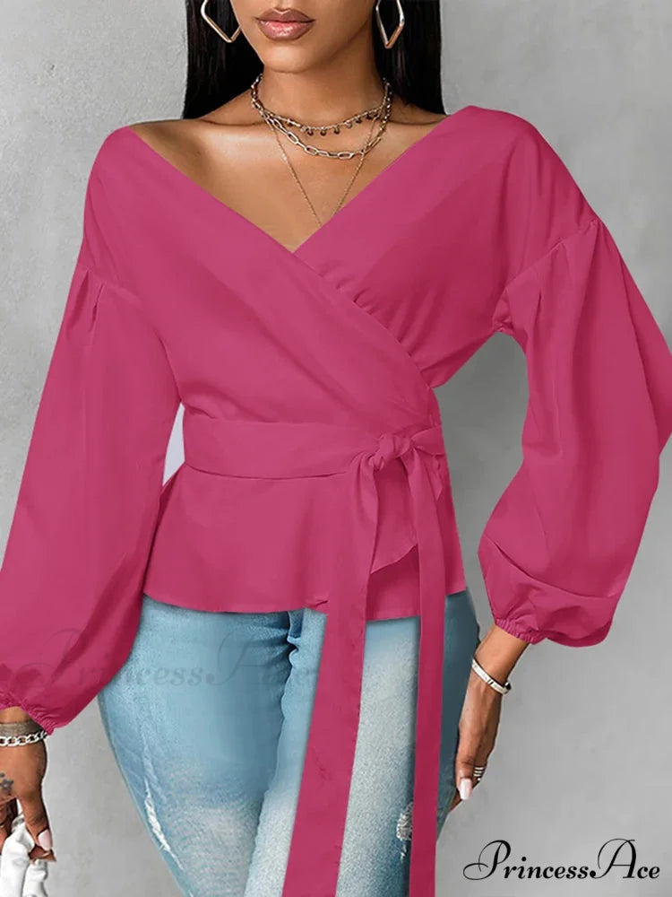 Vestment Sleeve Frilled Cinched Monochrome Blouse Dark Pink / 0XL blouse-250126