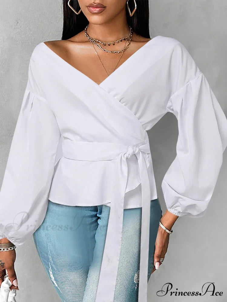 Vestment Sleeve Frilled Cinched Monochrome Blouse White / 0XL blouse-250126