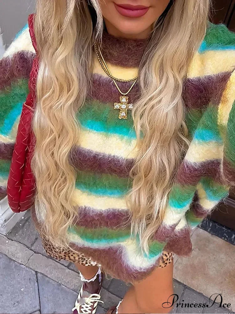 Vibrant Banded Turtleneck Sweater swraters-241228